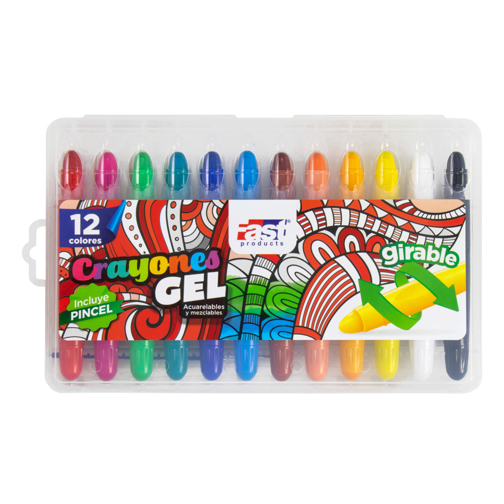 CRAYONES GEL GIRABLES CON PINCEL 12 COL. FAST