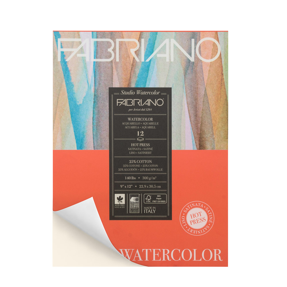 BLOCK ACUARELA SATINADO 25 PORCIENTO ALGODON 9 PLG. X 12 PLG. 300 G.12 H. FABRIANO
