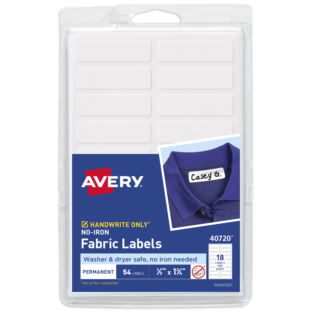 ETIQUETA ADHESIVA PARA TELA SIN PLANCHA 40720 BLANCA 1/2 PLG. X 1 3/4 PLG. AVERY