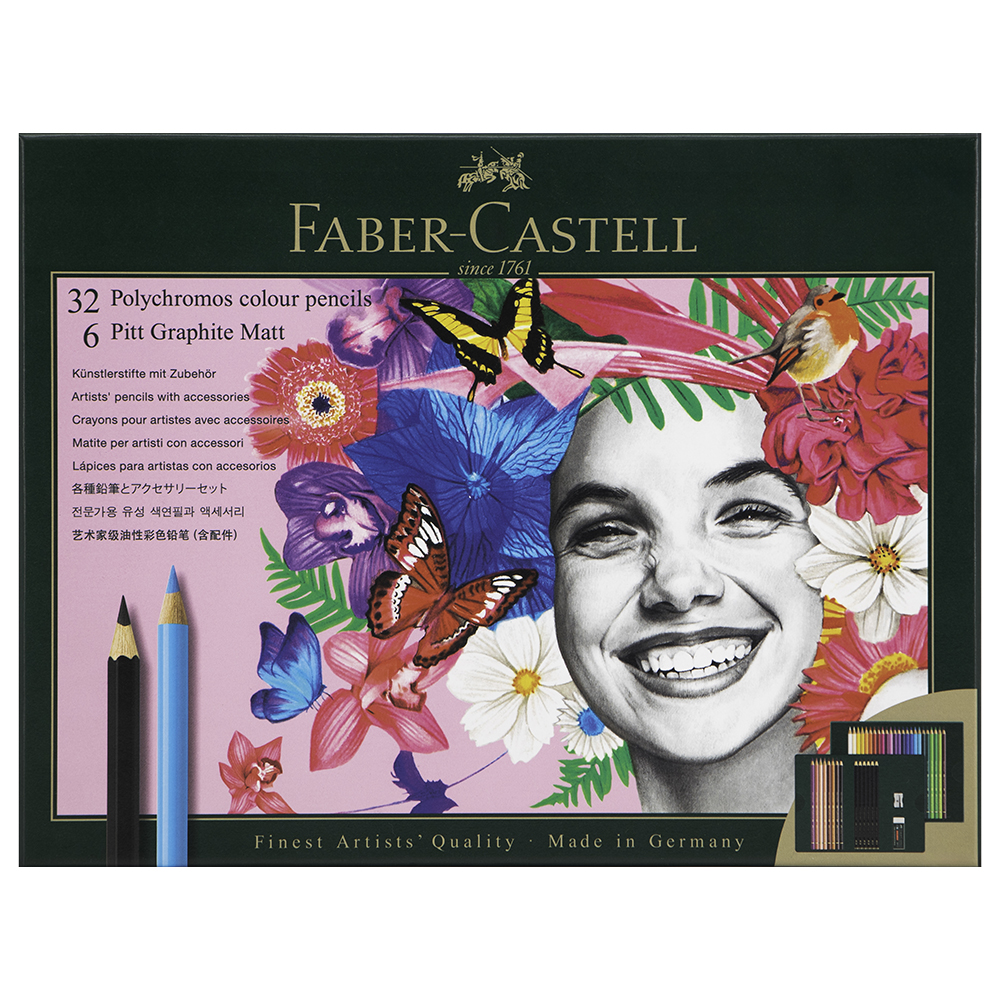 CRAYON DE MADERA 32 COL. + 6 LAPICES CARBONCILLO FABER CASTELL 