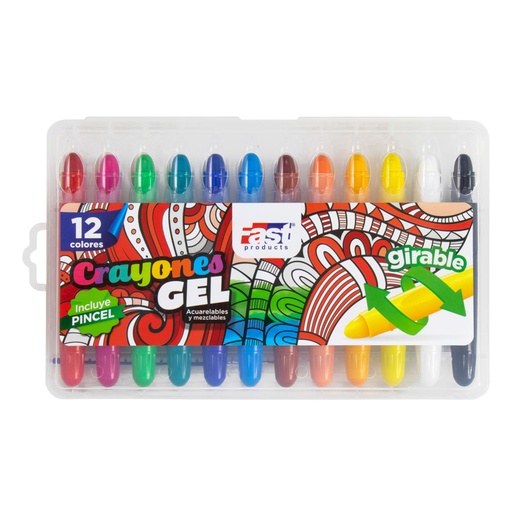CRAYONES GEL GIRABLES CON PINCEL 12 COL. FAST