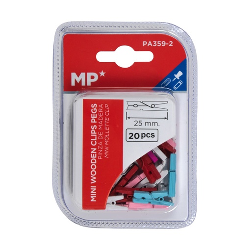 GANCHOS MADERA 25 MM 20 U. COLORES MP.