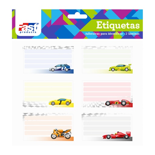ETIQUETAS ESCOLARES CARROS 12 U. FAST