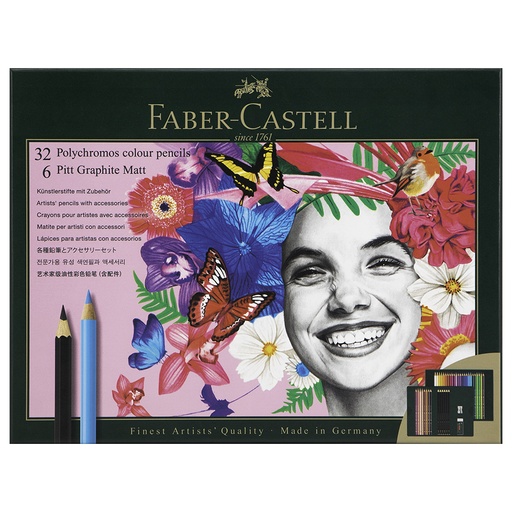 CRAYON DE MADERA 32 COL. + 6 LAPICES CARBONCILLO FABER CASTELL 
